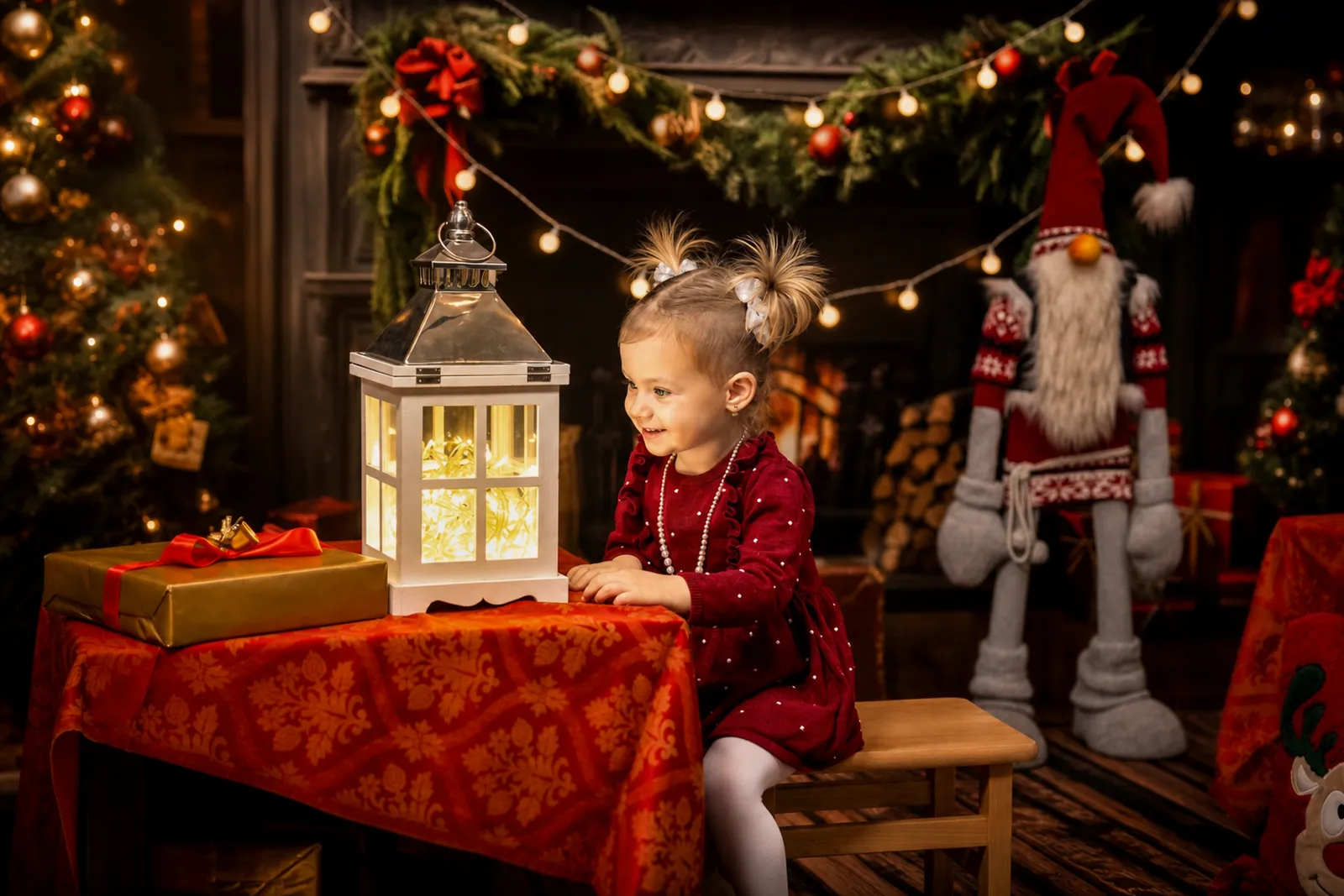 Vánoční minifocení v ateliéru FotoHome – holčička s lucernou u stromečku